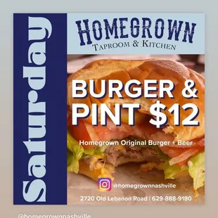 Burger and pint special on Saturdays