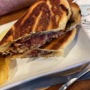 Cuban!! delicious cuts of meats on fresh toasted begets? One of my go to favs! Comes with homemade kettle chips