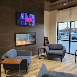 Gas fireplace..in the summer! In an ice cream store! What fun.