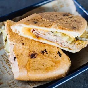 a grilled sandwich in a tray