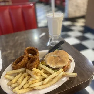 Bacon Cheeseburger and Fries and Vanilla Millshake