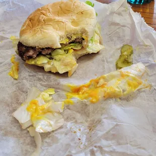 a hamburger and pickles