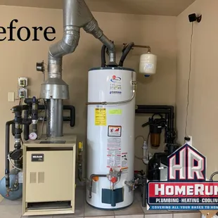 Before picture of existing boiler and water heater we converted to a Navien Tankless Combi Boiler.