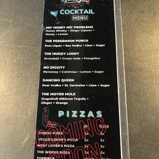 Cocktail/pizza menu.