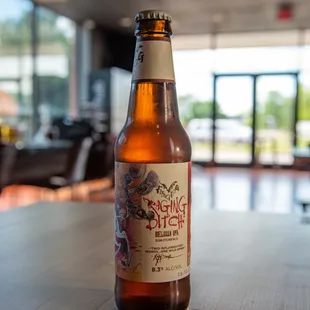 a beer bottle on a table