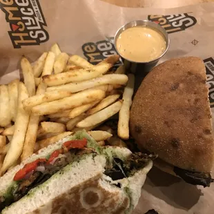 Eggplant sandwich w/ fries and zesty sauce
