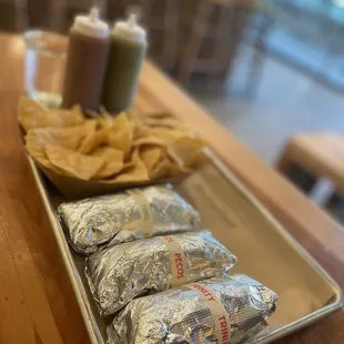 Three breakfast tacos and chips