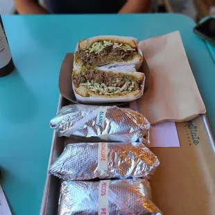 Brisket Texas Toast , Pecos Taco, Guadalupe Taco, Blanco Taco