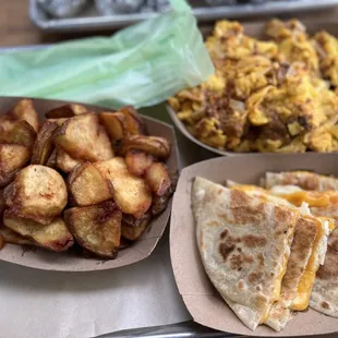 Cheese Quesadilla, chorizo and Crispy Potatoes