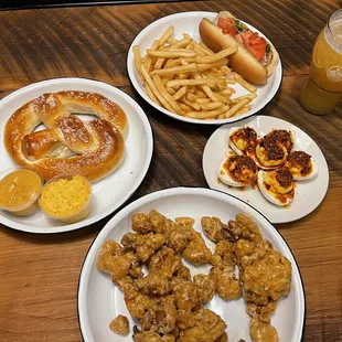 Sourdough pretzel, boneless wings, lobster roll and demon eggs