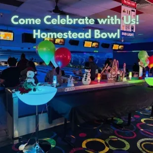 Bowling party with holiday decorations