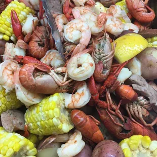 shrimp, corn, potatoes, and corn on the cob