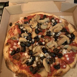I don&apos;t eat any diary products!   Small Pizza, topped with Black Olives, Onions, and Mushrooms.