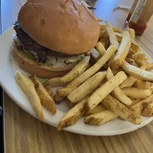Old fashion hamburger with fries