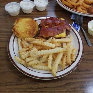 bacon, cheeseburger, french fries and tater tots