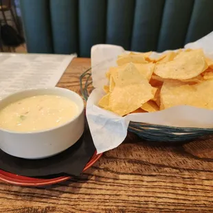 Happy hour chips and queso. Really good flavor! Sturdy chips