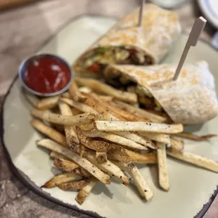 Southwest breakfast burrito with delicious fries