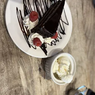 Delicious dessert with side of ice cream