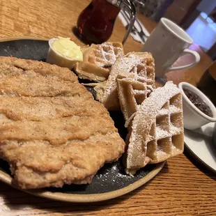 Chicken fried steak and waffles