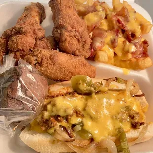 chicken, fries, macaroni and cheese