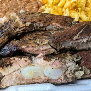 ribs, macaroni, and cheese