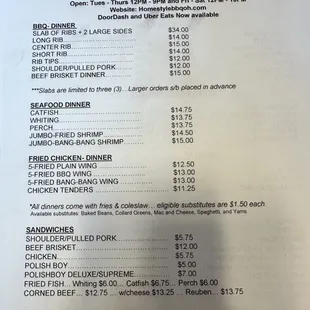 Menu-dinner and sandwiches