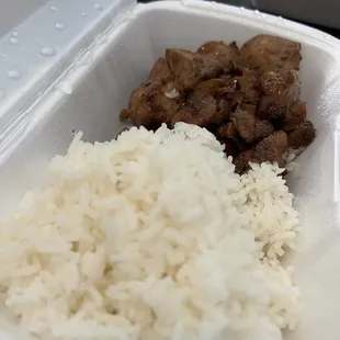 rice and meat in a styrofoam container