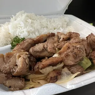 a styrofoam container with rice and meat