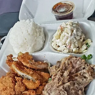 $14.95 combo plate. Katsu Chicken and Kahlua Pork with a side of rice and mac salad.