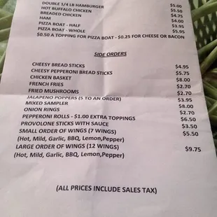 the price list for the restaurant