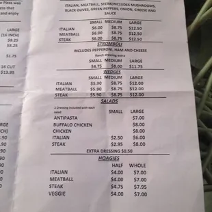 the price list for the restaurant