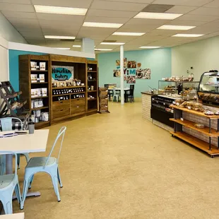 the interior of a small bakery