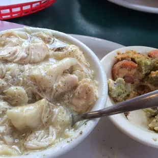 Chicken dumplings + veggie au gratin.