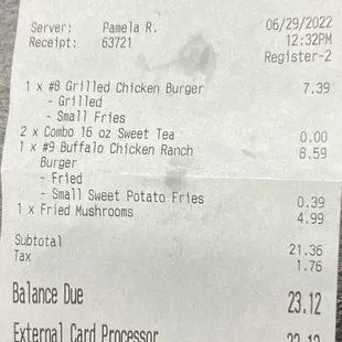 Receipt showing that I did indeed order the #9 Buffalo Ranch Chicken Sandwich combo!