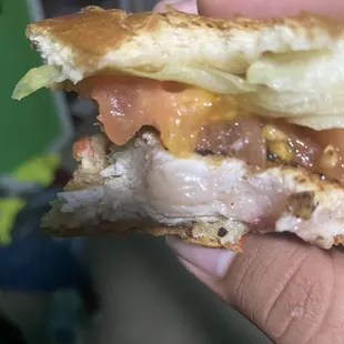 #11 Raw grilled chicken about as thick as a tomato slice.