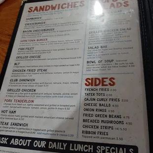 the menu for sandwiches and sides