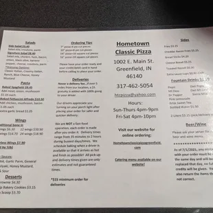 the menu for the restaurant