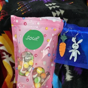 Custom earrings and freeze dried skittles