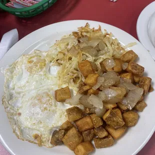 Eggs and two different hashbrowns