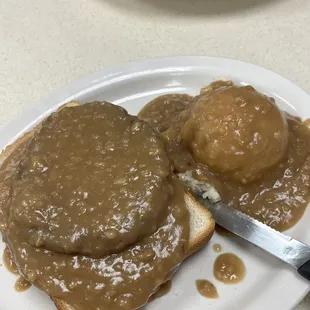 Hot hamburger... gravy was horrible... full of clumps of flour that didn't cook out when making the roux...super salty too