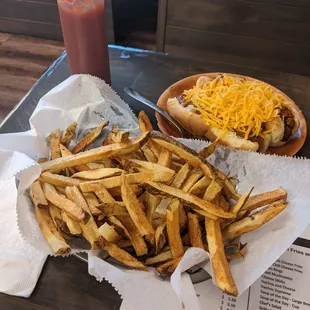 a plate of fries and a hot dog