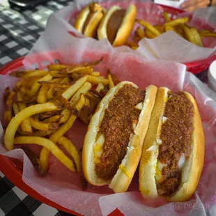 two chili dogs and french fries
