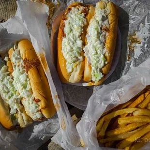 two hot dogs and french fries