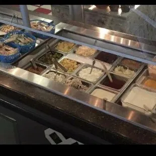 a buffet with a variety of food items