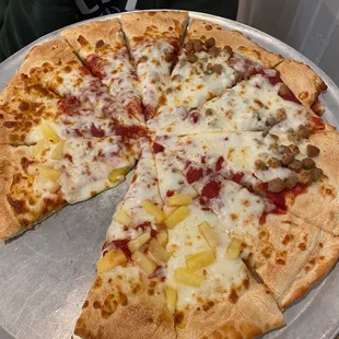 Thick crust pineapple and sausage pizza