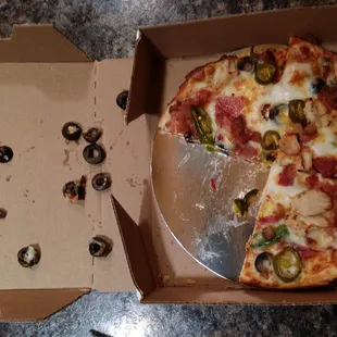 Southwest chicken pizza ordered with no olives, now we&apos;re digging the olives out.