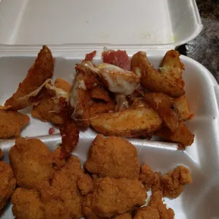 Bacon Cheddar fries to go, looks a tad lite on the bacon and cheddar