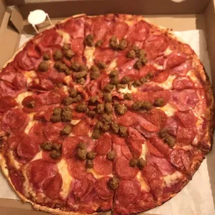 17" Pepperoni, Canadian Bacon, and sausage pizza. Awesome!