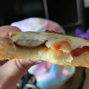 a hand holding a slice of pizza