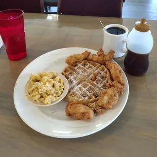 chicken, waffle, cheesy macs